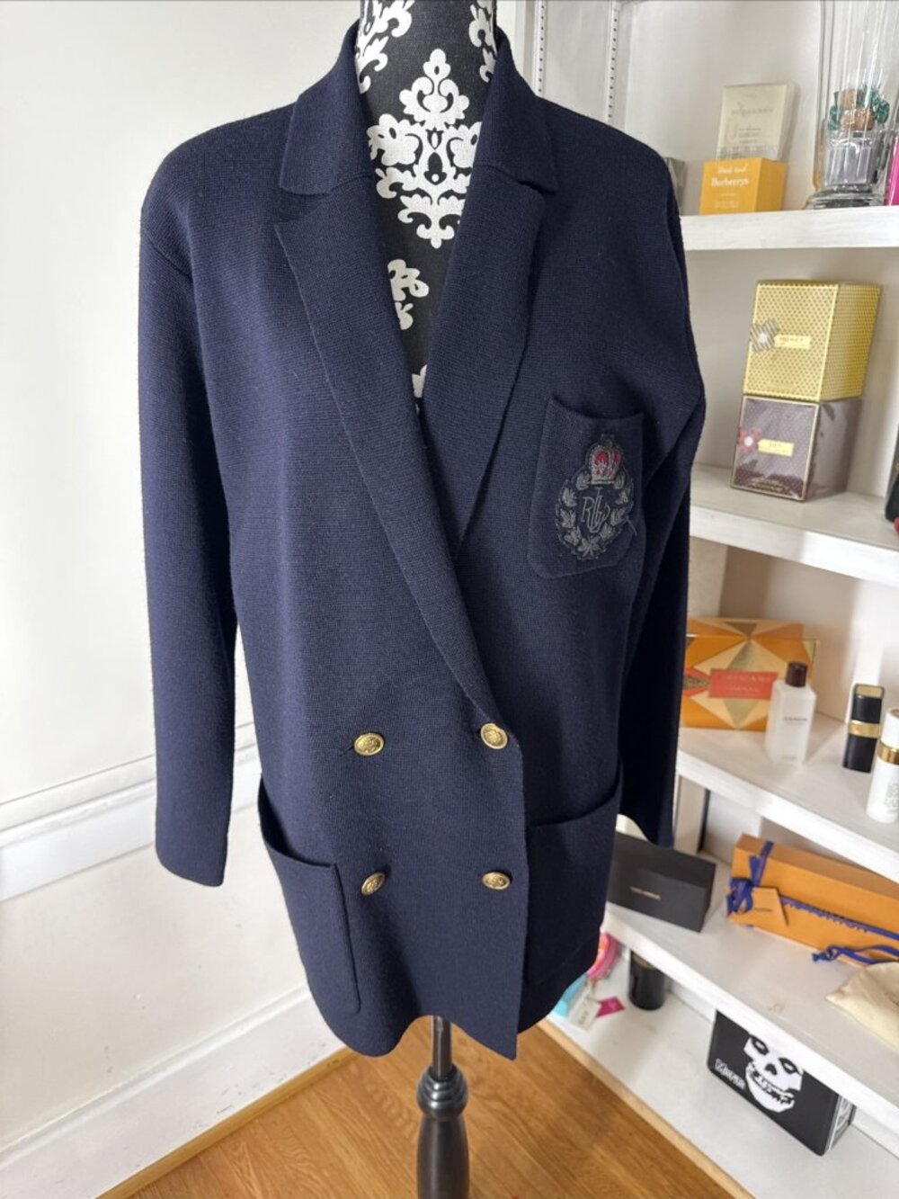 Ralph Lauren womens knit Blazer M 100% Merino Wool Double Breasted Crest Navy